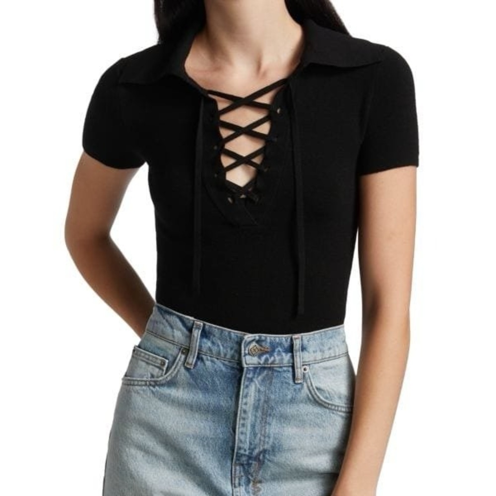 Alice & Olivia Janine Lace-up Polo Top